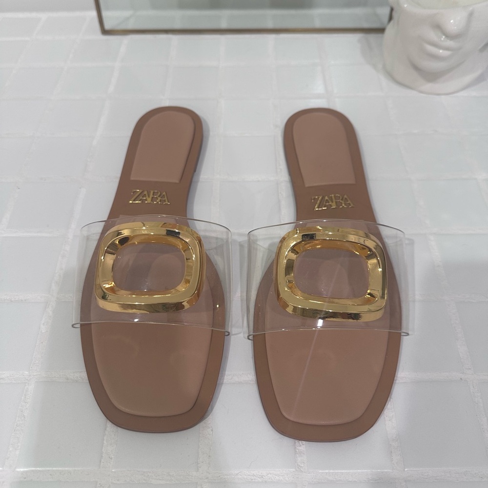 Zara Tan Gold Slide Sandals with Square Toe